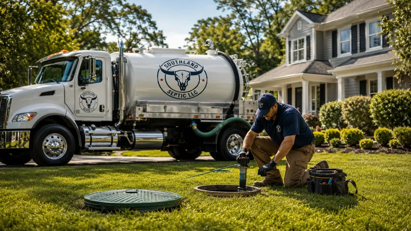 Southland Septic technician servicing an open septic tank beside a vacuum truck