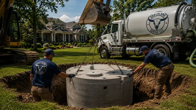 Septic tank installation with crew and excavation equipment