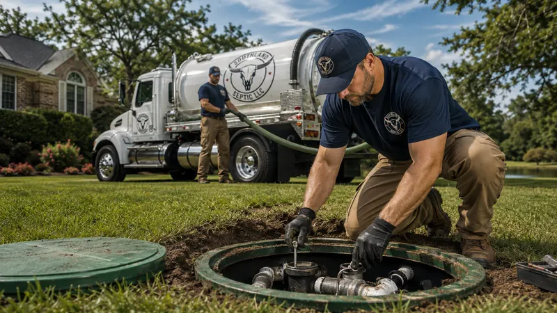 Septic tank access lid and technician performing maintenance in a lawn